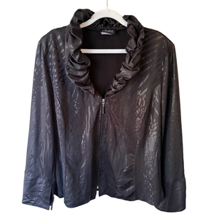 Black Artex Patterned Vintage Y2K Zipper Blazer with Ruffled Collar Women’s XL